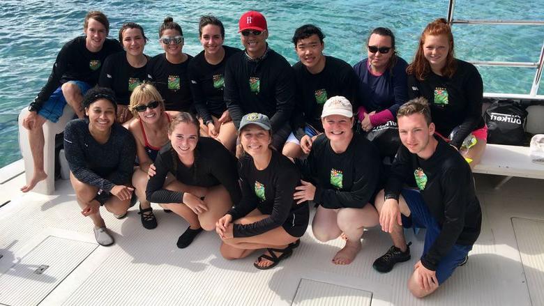 Students and professor on boat in Cuba