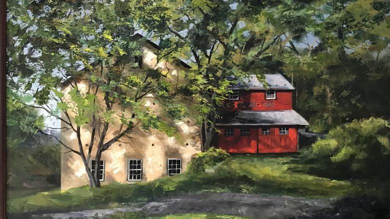 painting of a house and barn